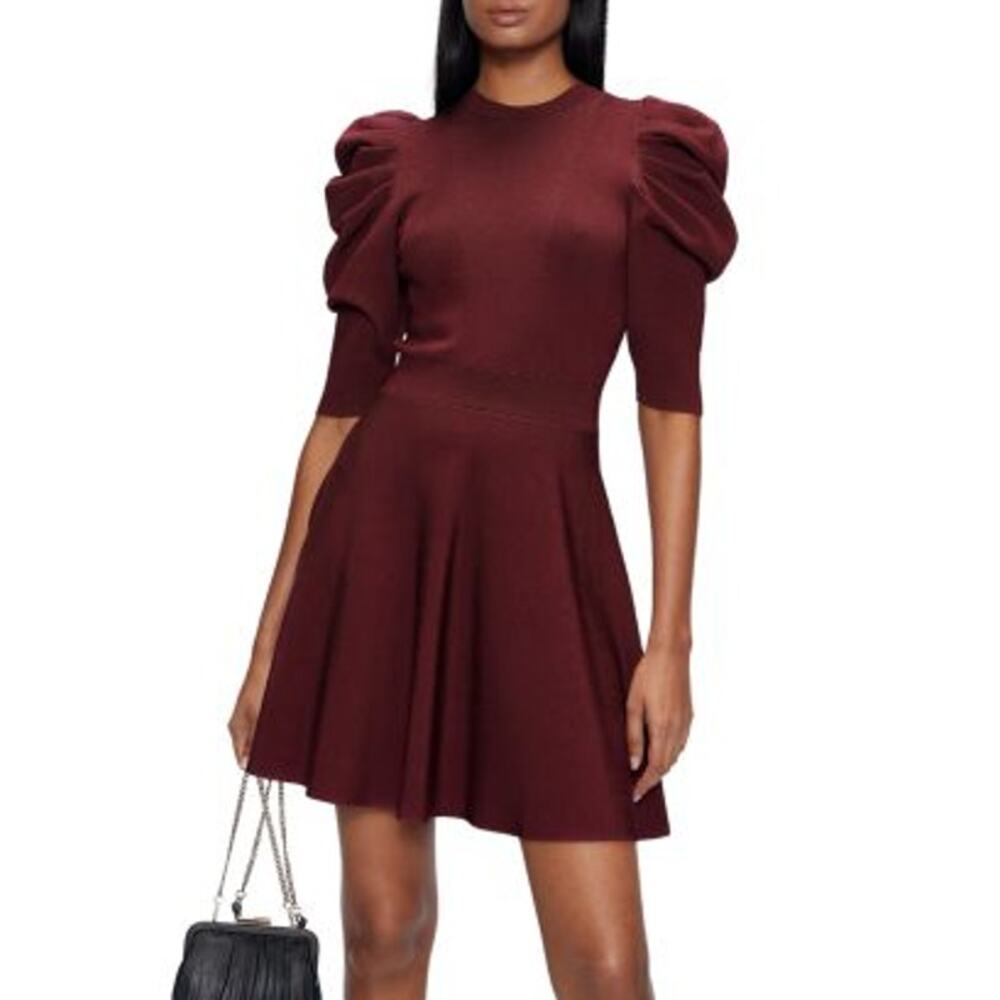 TED BAKER Lorna Puff Sleeve Skater Dress Burgundy‎ Sculpted Knit Size 1 (US 2-4)